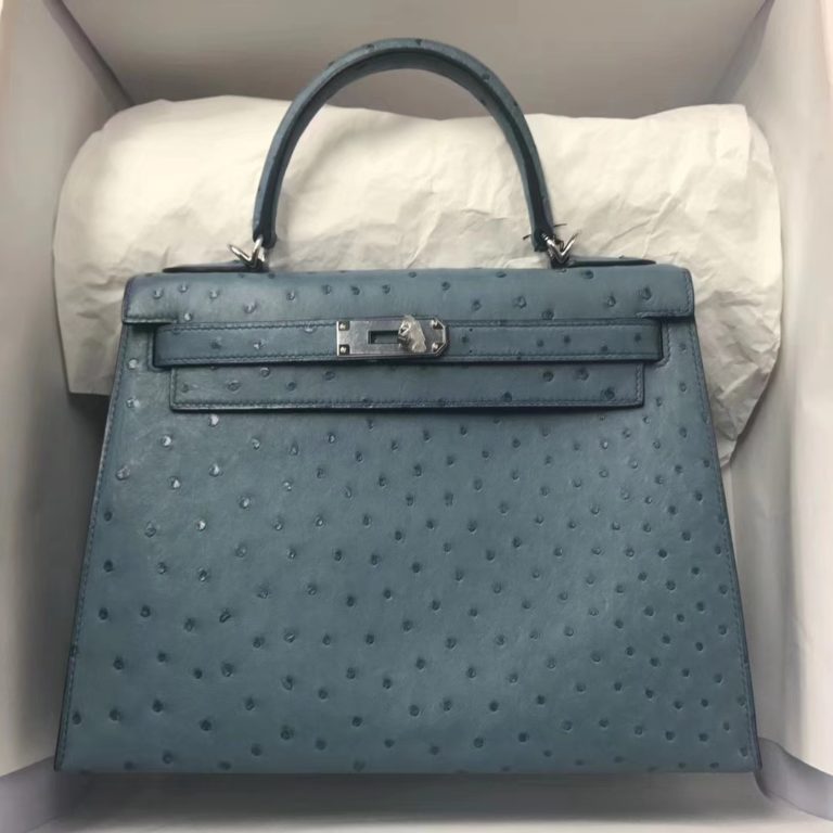 Hermes Ostrich Leather Kelly Bag 28CM Silver Hardware in Coral Blue