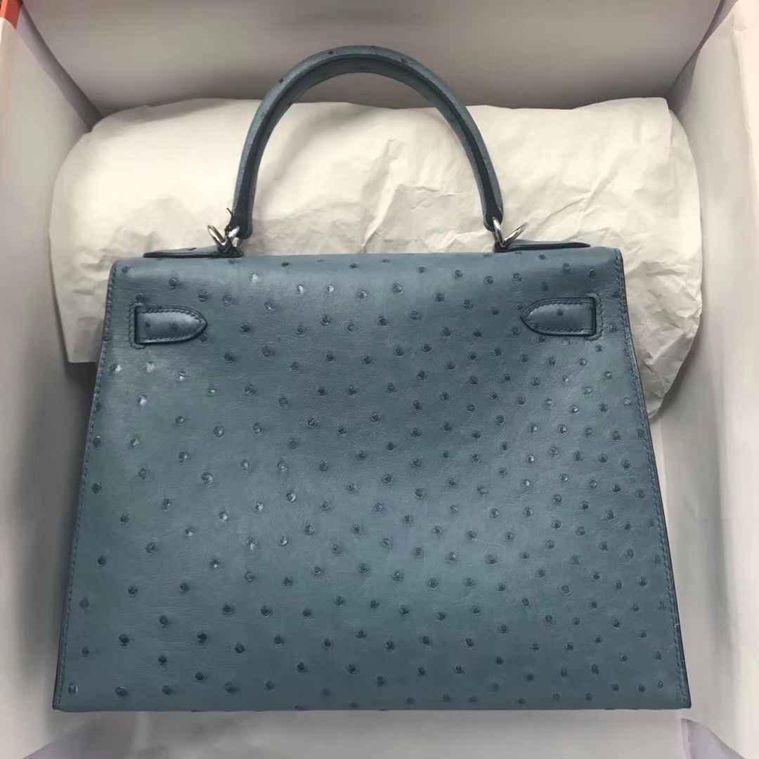 Noble Hermes Ostrich Leather Kelly Bag28CM Silver Hardware in Coral Blue