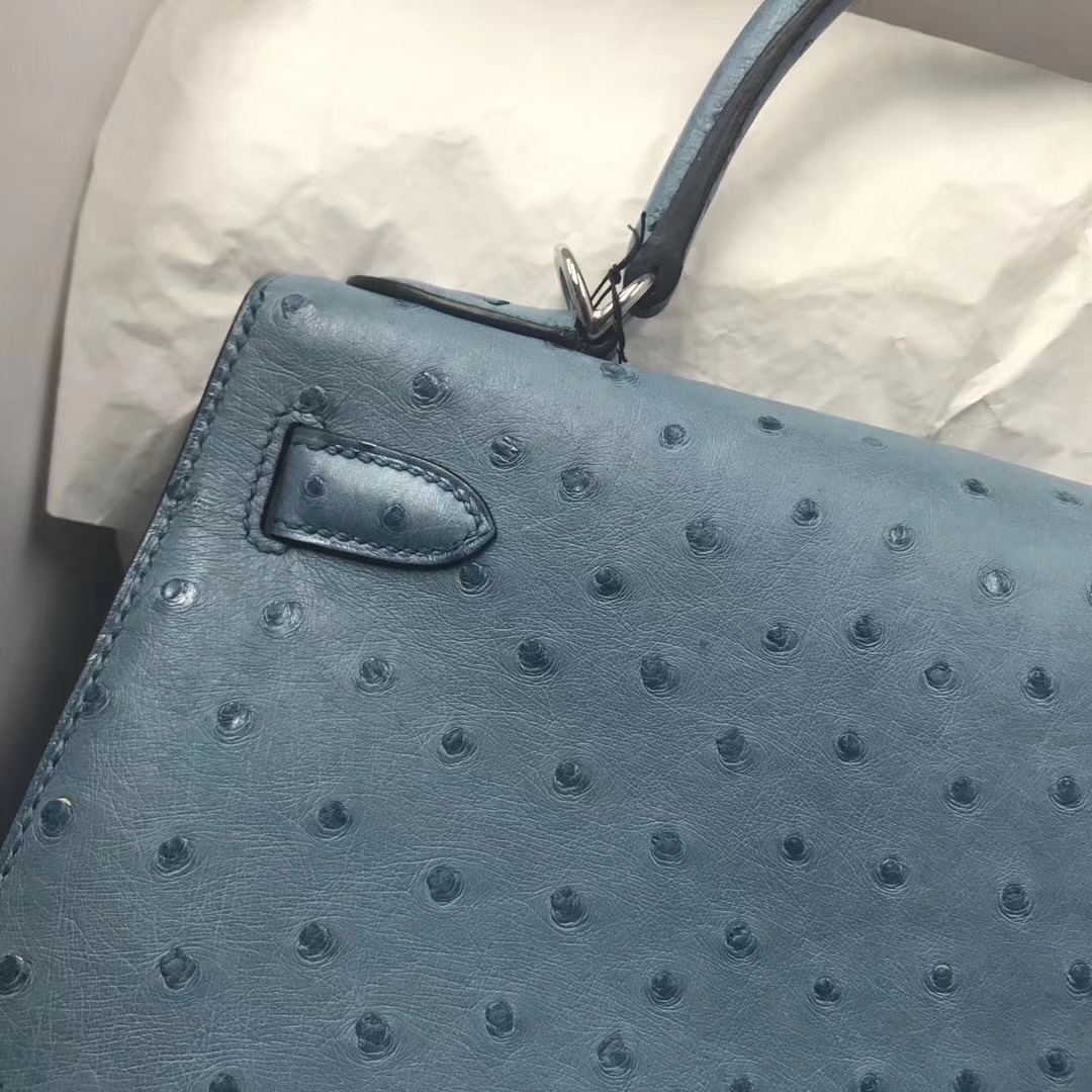 Noble Hermes Ostrich Leather Kelly Bag28CM Silver Hardware in Coral Blue