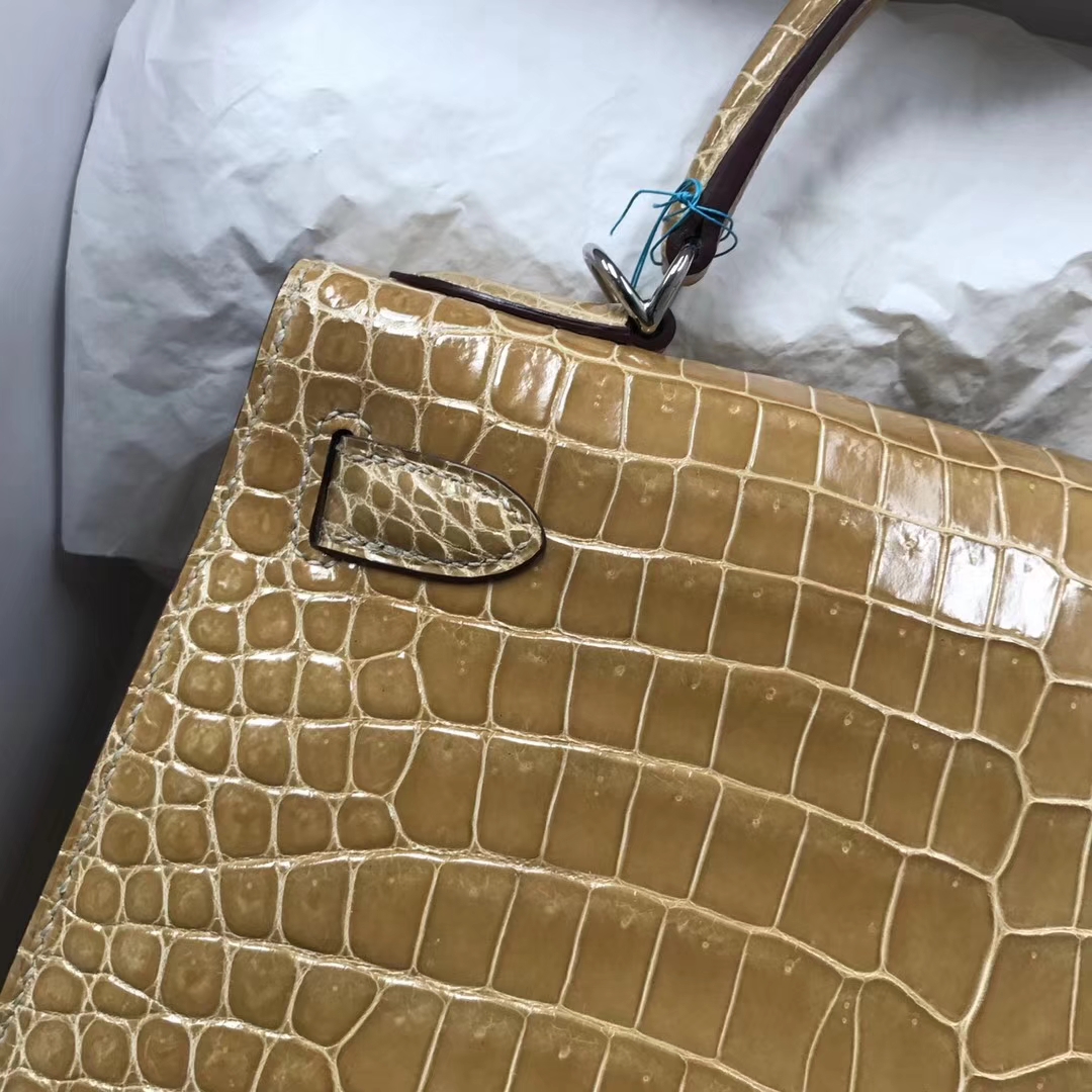 Elegant Hermes Apricot Porosus Shiny Crocodile Kelly28CM Bag Silver Hardware
