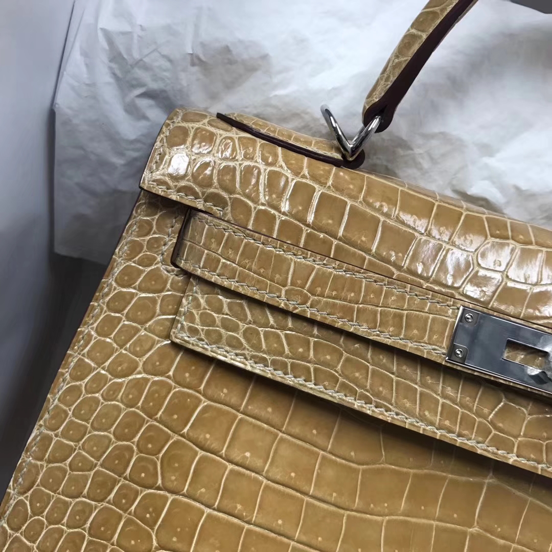 Elegant Hermes Apricot Porosus Shiny Crocodile Kelly28CM Bag Silver Hardware