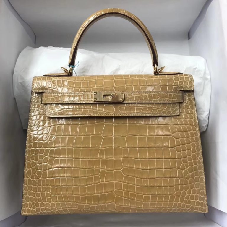 Hermes Shiny Crocodile Leather Kelly Bag 28CM in Apricot Gold Hardware