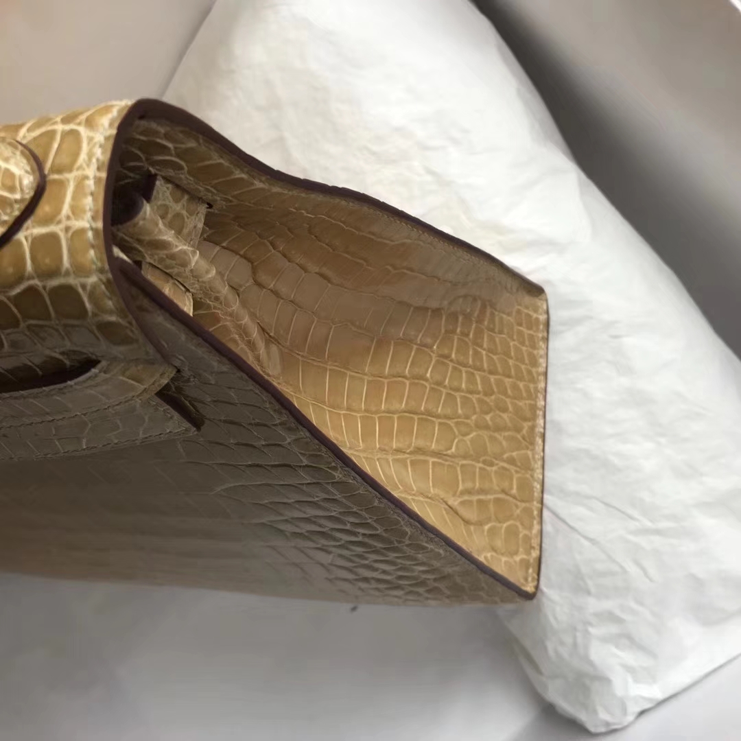 Sale Hermes Shiny Crocodile Leather Kelly Bag28CM in Apricot Gold Hardware