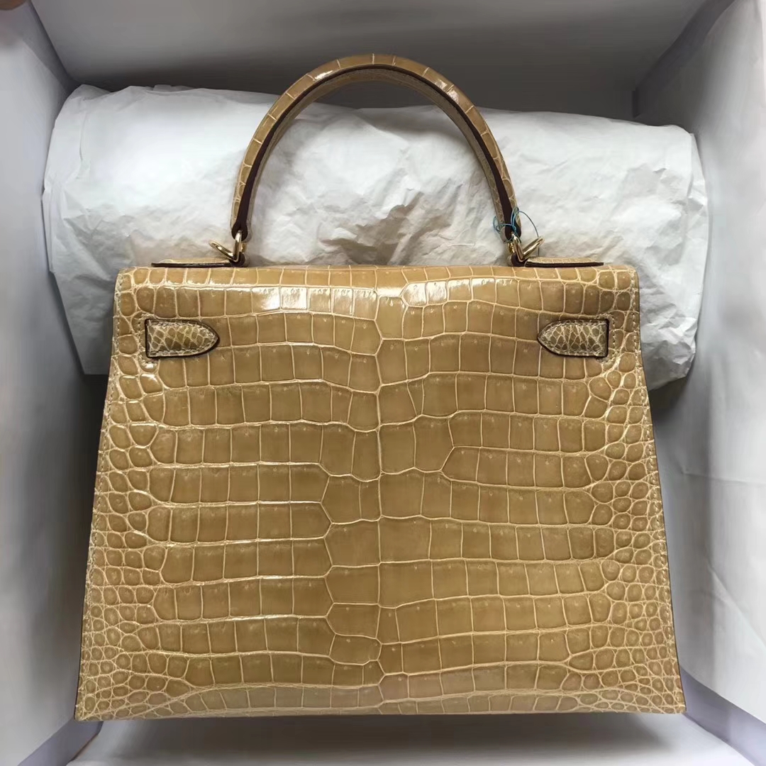 Sale Hermes Shiny Crocodile Leather Kelly Bag28CM in Apricot Gold Hardware
