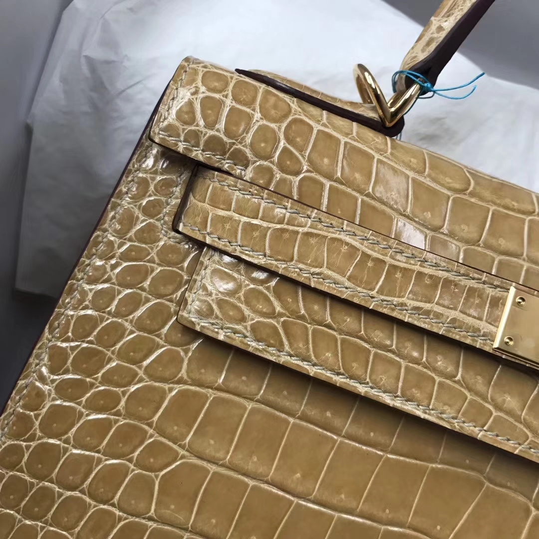 Sale Hermes Shiny Crocodile Leather Kelly Bag28CM in Apricot Gold Hardware