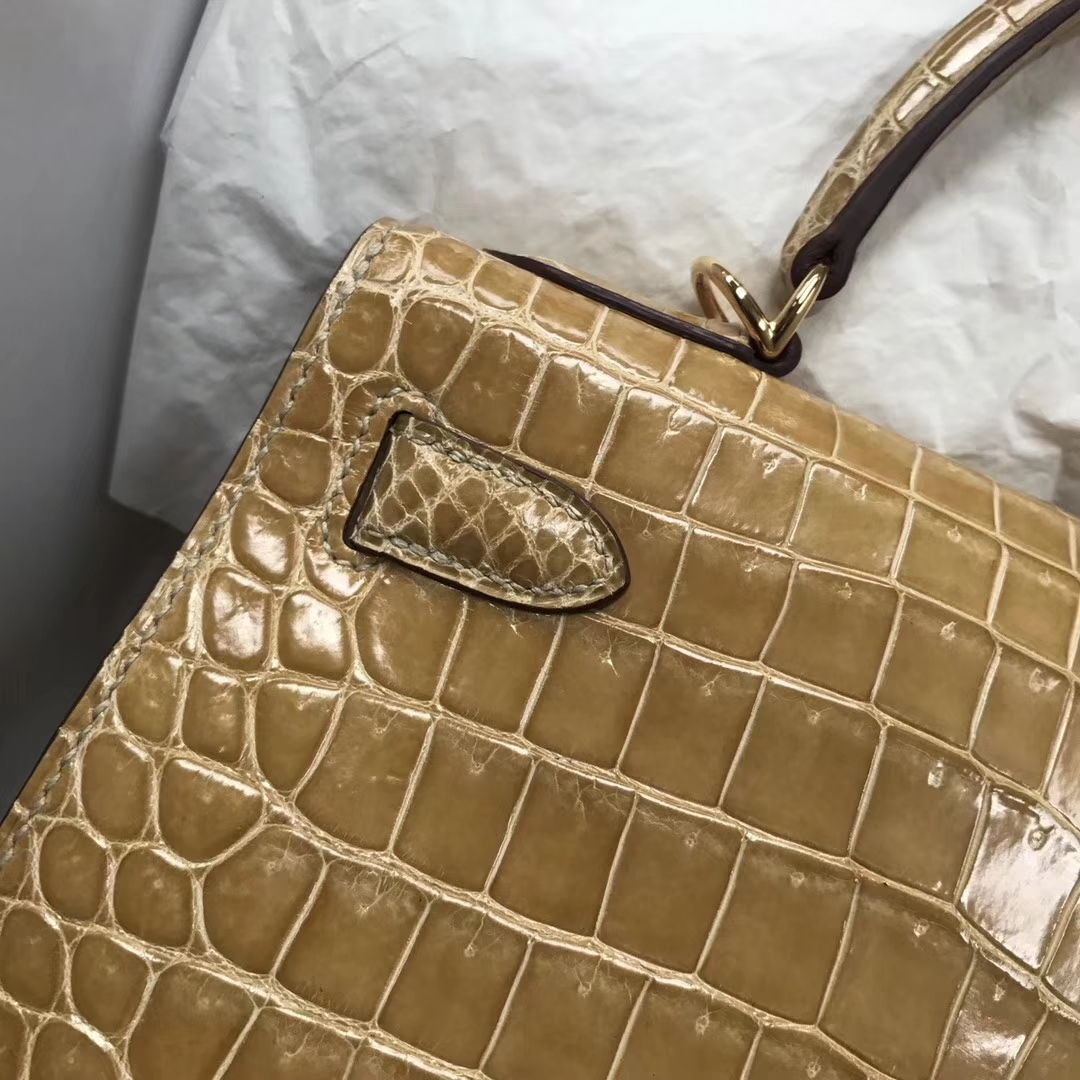Sale Hermes Shiny Crocodile Leather Kelly Bag28CM in Apricot Gold Hardware