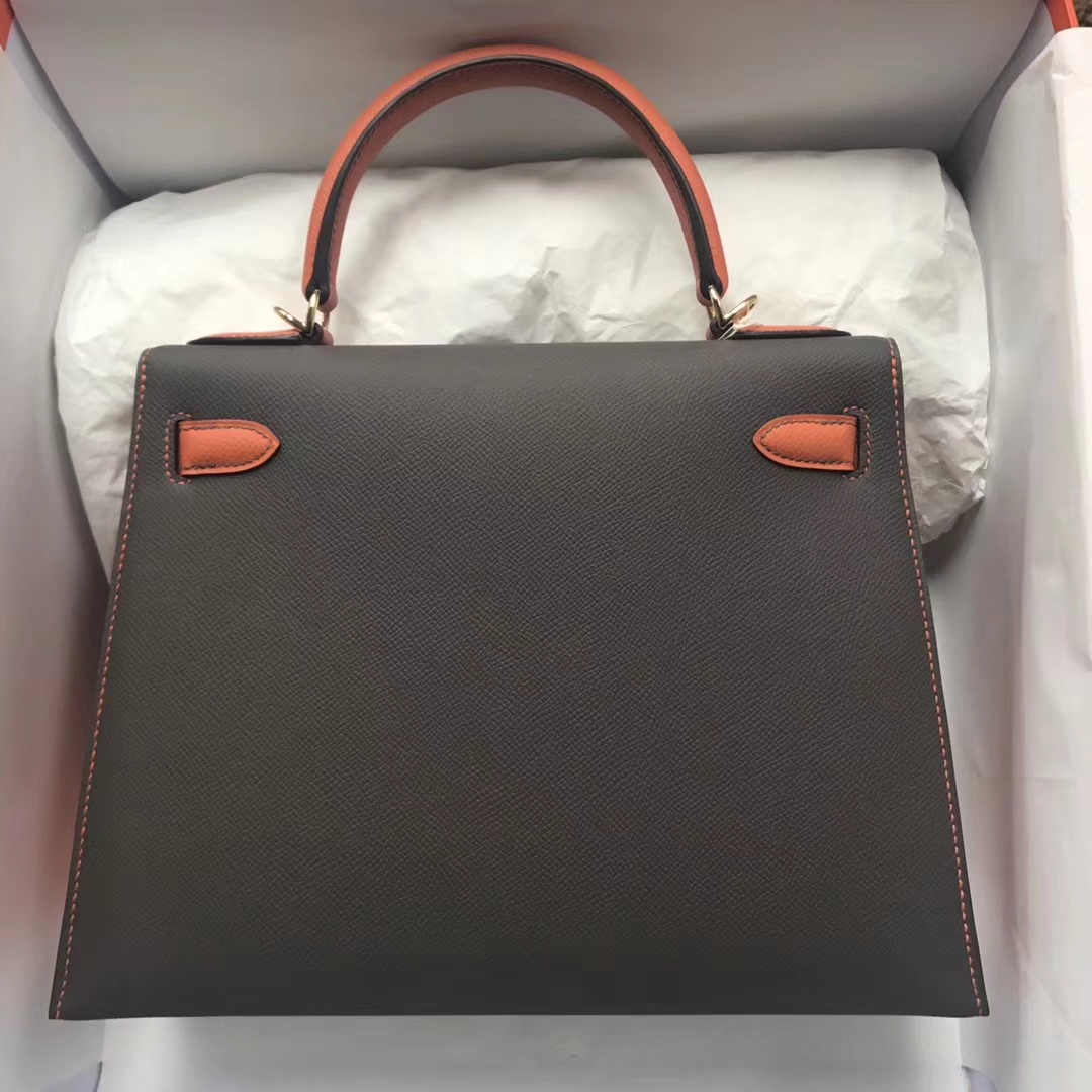 Discount Hermes Etain Grey & Orange Epsom Calf Kelly Bag28CM Gold Hardware