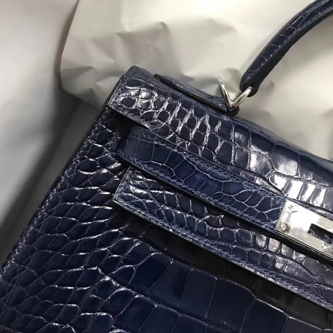 Discount Hermes 73 Blue Saphir Shiny Crocodile Leather Kelly28CM Bag
