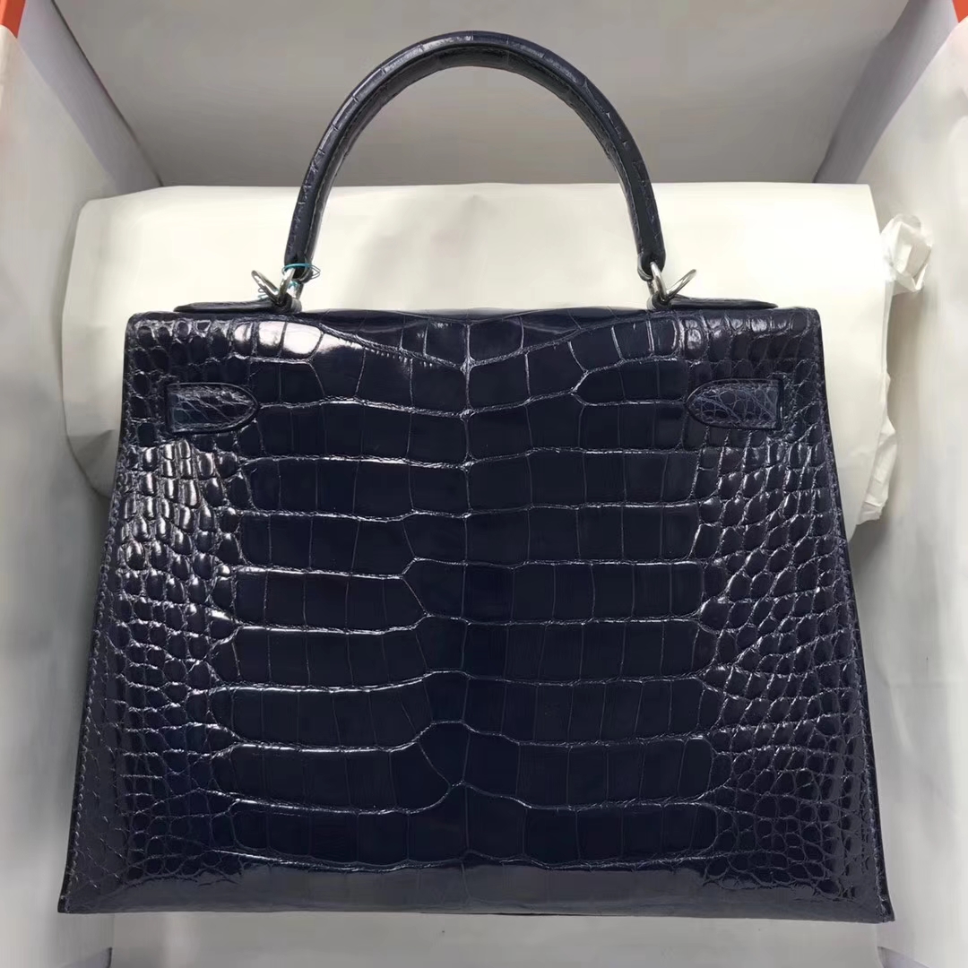 Discount Hermes 73 Blue Saphir Shiny Crocodile Leather Kelly28CM Bag