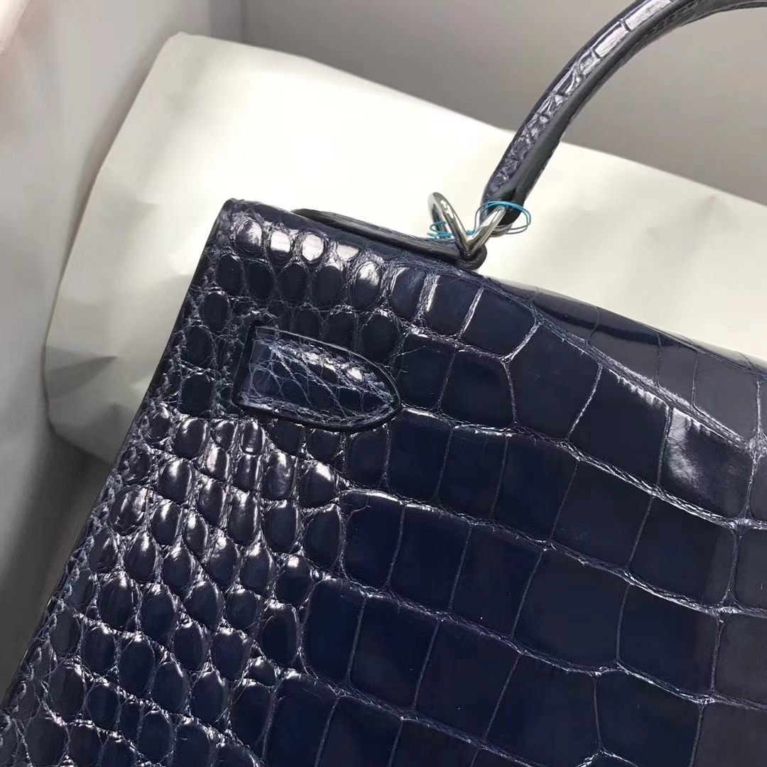 Discount Hermes 73 Blue Saphir Shiny Crocodile Leather Kelly28CM Bag