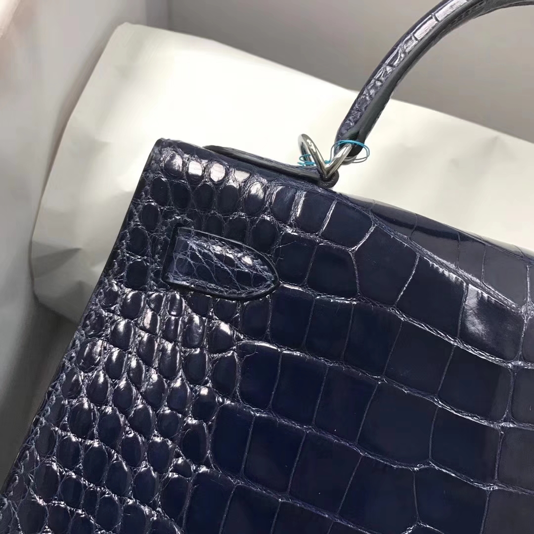 Discount Hermes 73 Blue Saphir Shiny Crocodile Leather Kelly28CM Bag