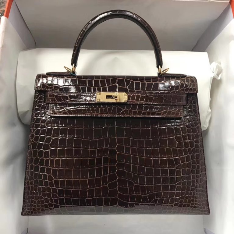 Hermes Brown Shiny Crocodile Leather Kelly Bag 28CM Gold Hardware