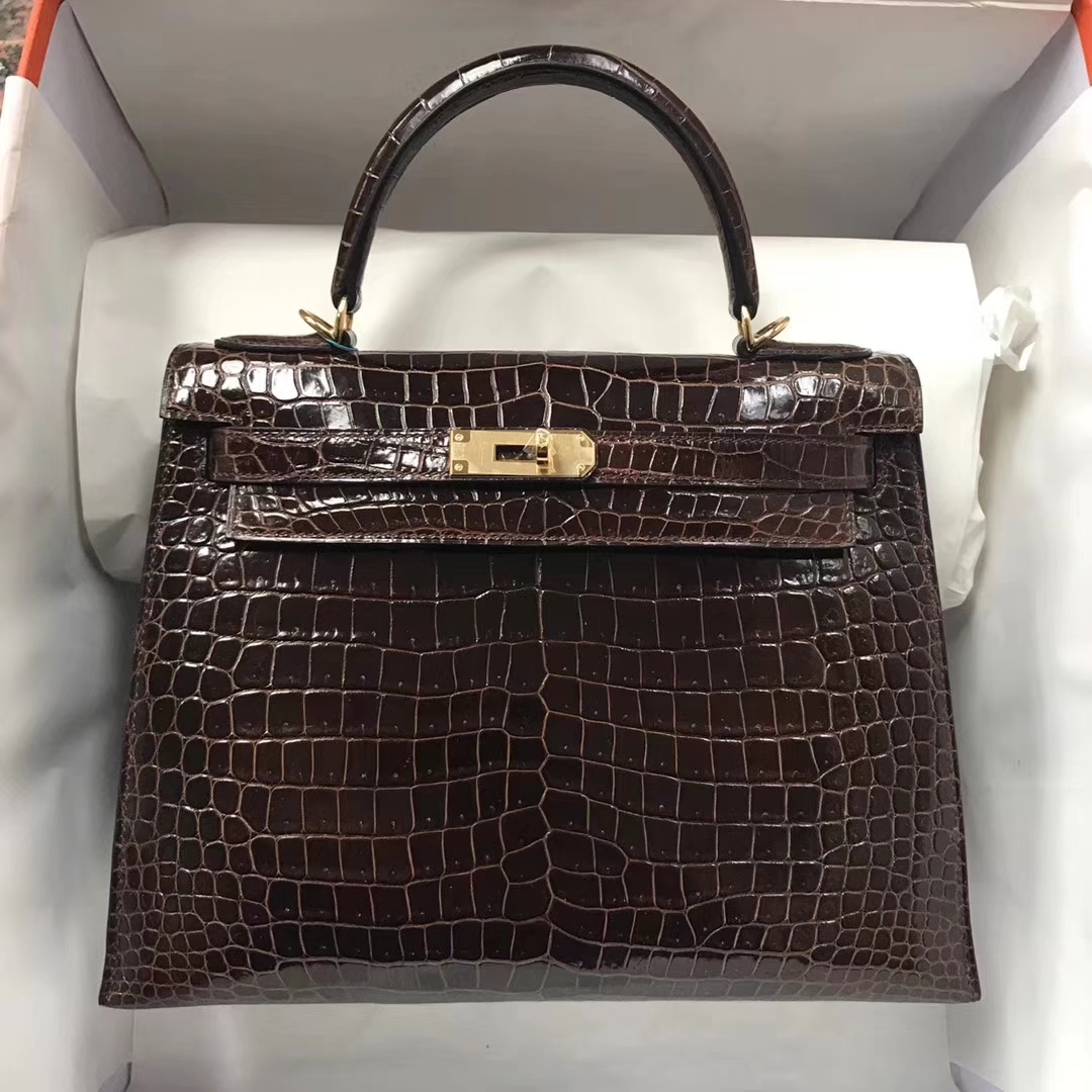 Discount Hermes Brown Shiny Crocodile Leather Kelly Bag28CM Gold Hardware