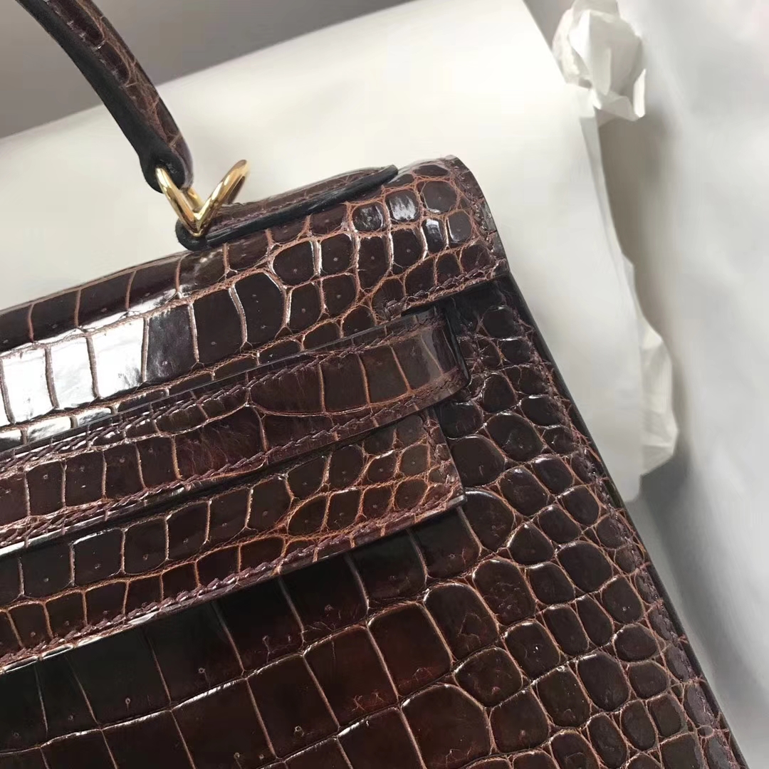 Discount Hermes Brown Shiny Crocodile Leather Kelly Bag28CM Gold Hardware