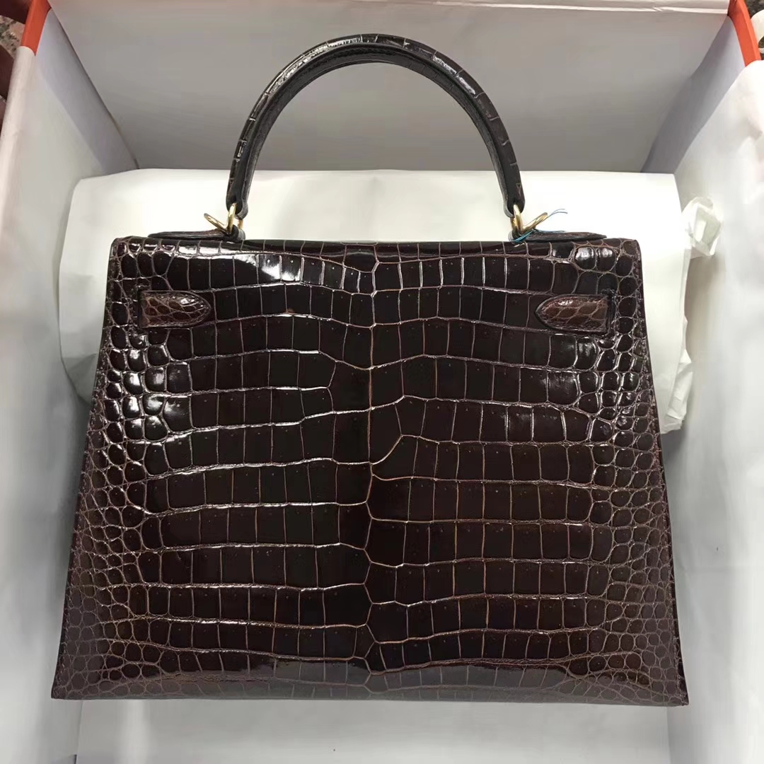 Discount Hermes Brown Shiny Crocodile Leather Kelly Bag28CM Gold Hardware