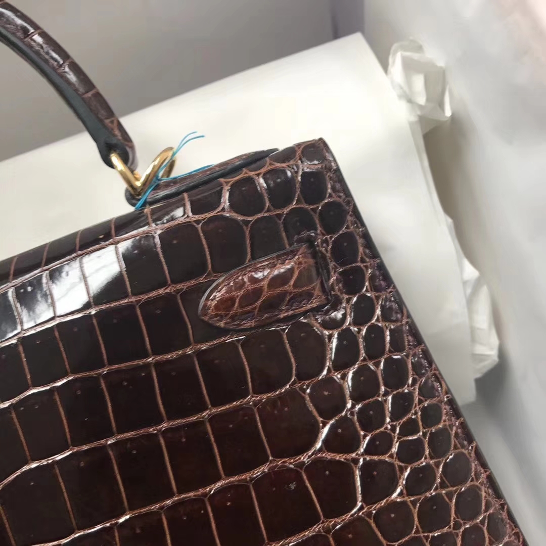Discount Hermes Brown Shiny Crocodile Leather Kelly Bag28CM Gold Hardware
