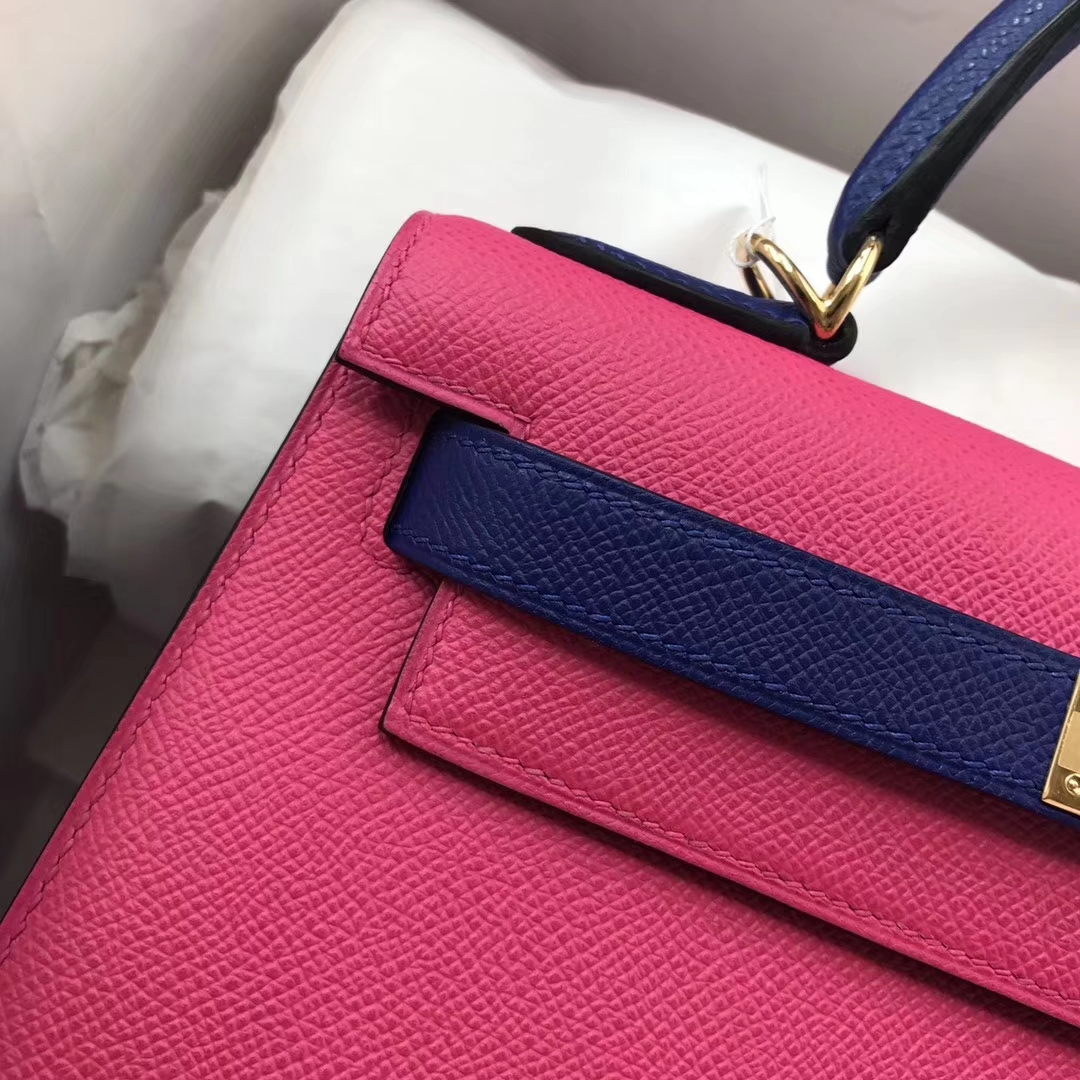Pretty Hermes E5 Rose Tyrien/7T Blue Eletric Epsom Calf Kelly28CM Bag