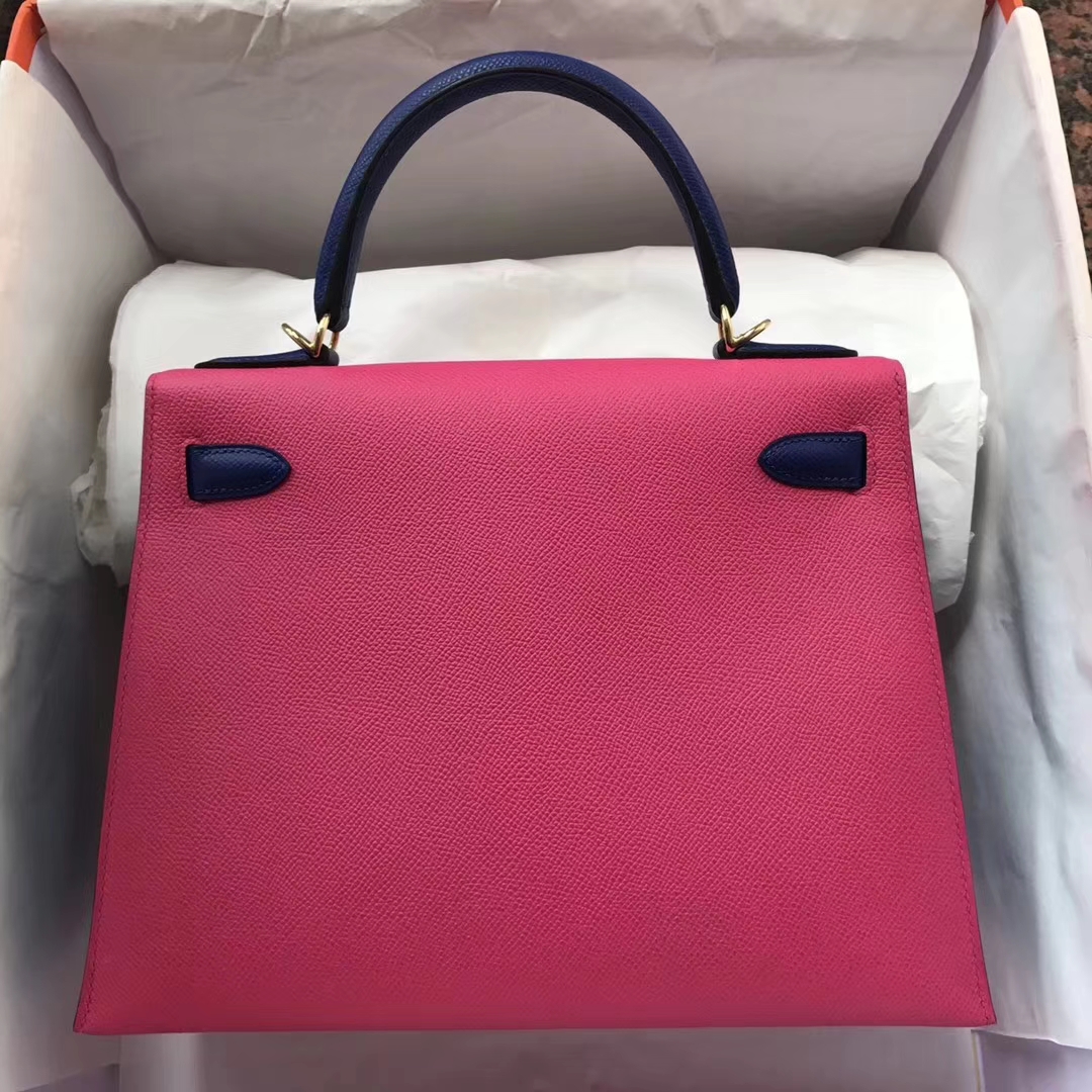 Pretty Hermes E5 Rose Tyrien/7T Blue Eletric Epsom Calf Kelly28CM Bag