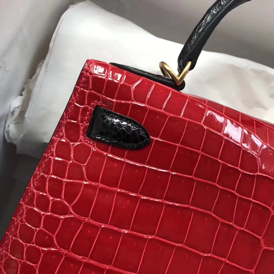 Luxury Hermes CK95 Braise/CK89 Black Shiny Crocodile Leather Kelly28CM Bag