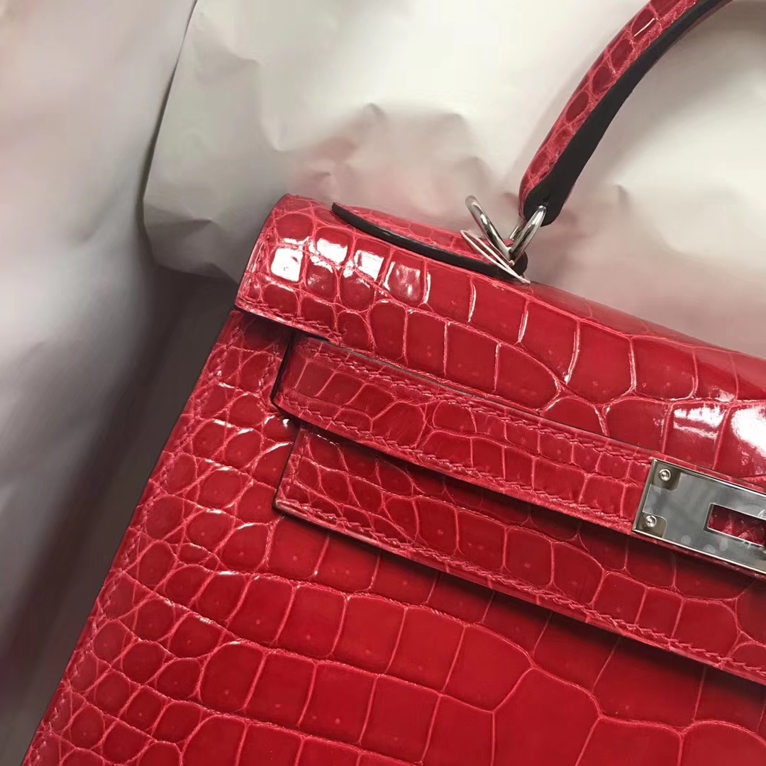 Pretty Hermes CK95 Braise Shiny Crocodile Leather Kelly Bag28CM Silver Hardware