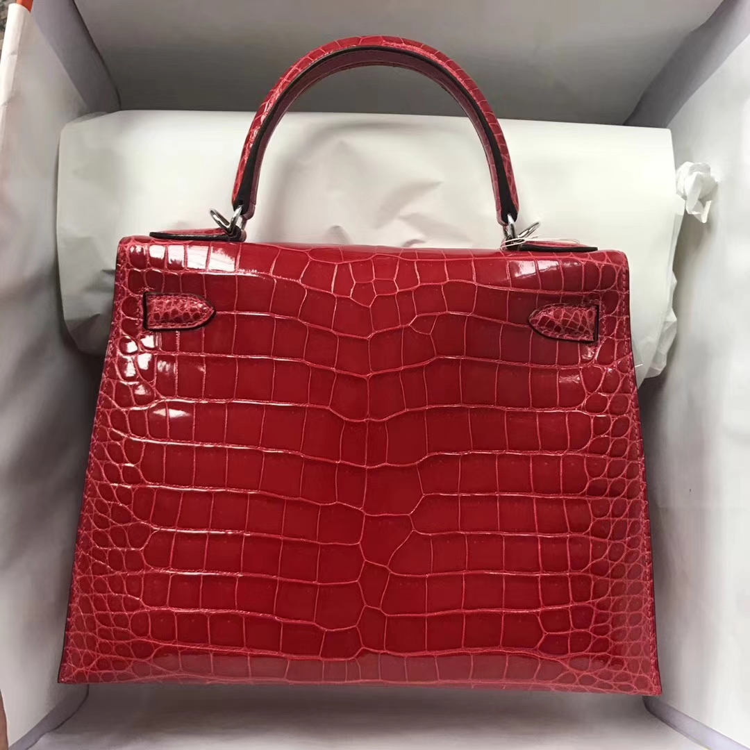 Pretty Hermes CK95 Braise Shiny Crocodile Leather Kelly Bag28CM Silver Hardware