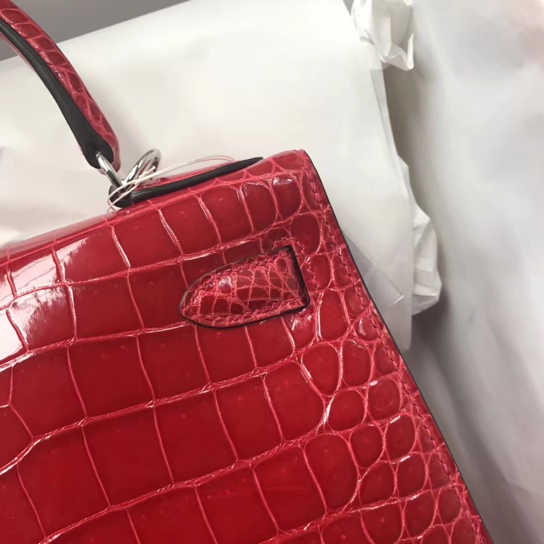 Pretty Hermes CK95 Braise Shiny Crocodile Leather Kelly Bag28CM Silver Hardware