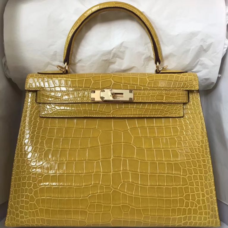 Hermes 9D Amber Yellow Crocodile Leather Kelly Bag 28CM Gold Hardware