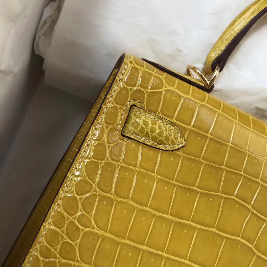 Luxury Hermes 9D Amber Yellow Crocodile Leather Kelly Bag28CM Gold Hardware