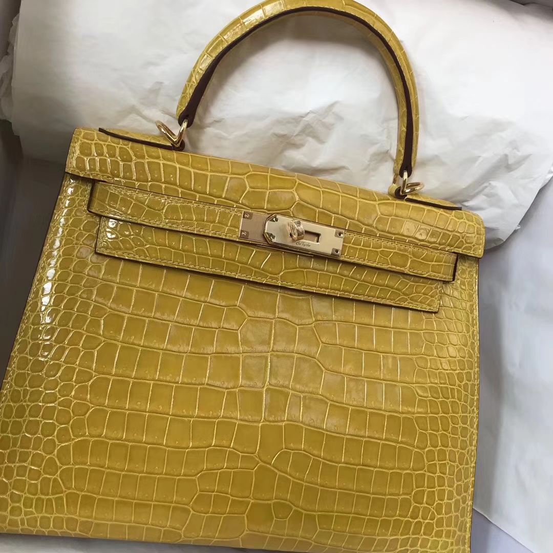 Luxury Hermes 9D Amber Yellow Crocodile Leather Kelly Bag28CM Gold Hardware