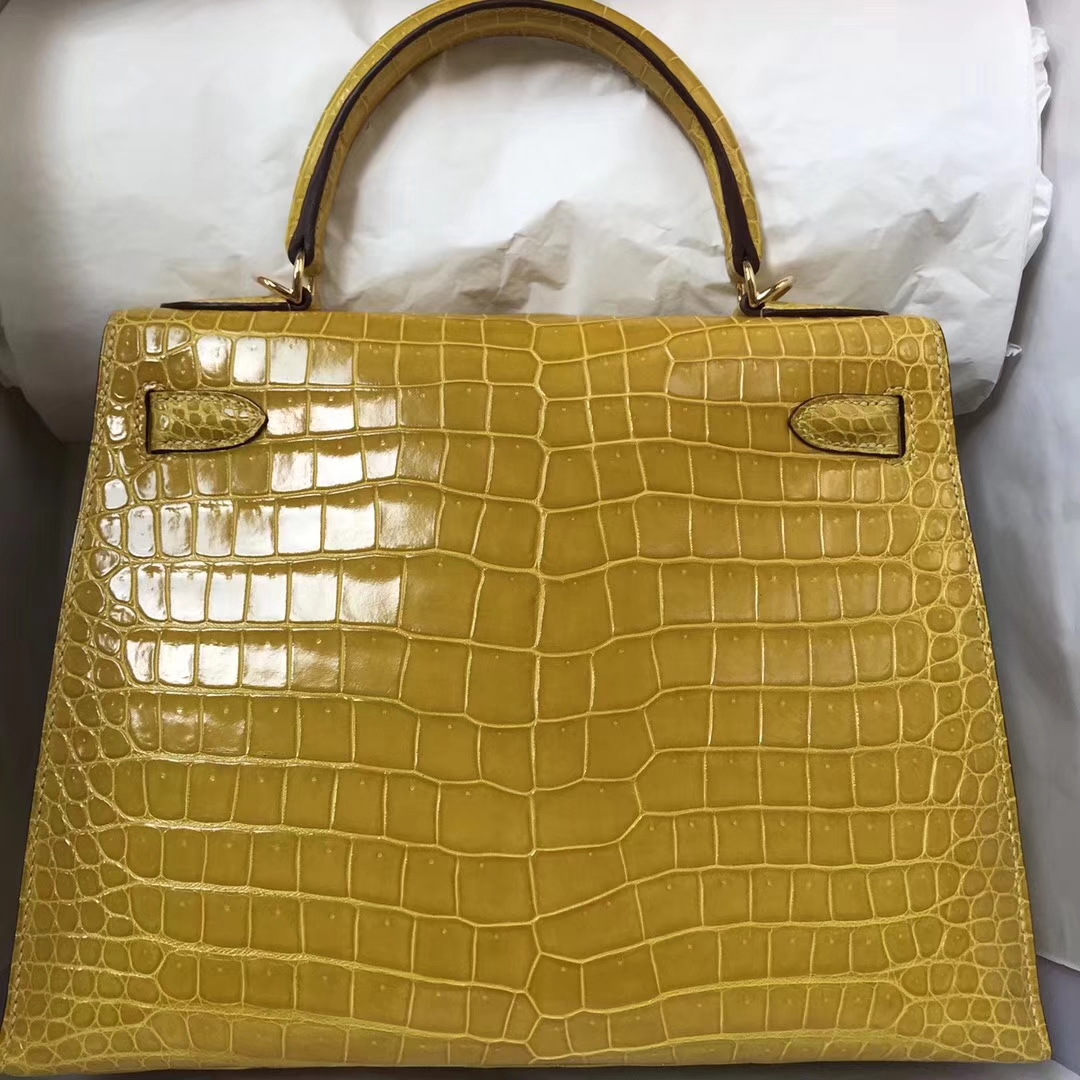 Luxury Hermes 9D Amber Yellow Crocodile Leather Kelly Bag28CM Gold Hardware