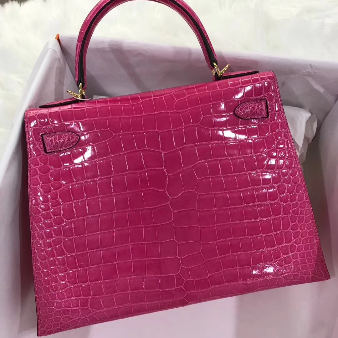 Wholesale Hermes 5J Hot Pink Shiny Crocodile Leather Kelly Bag28CM Gold Hardware