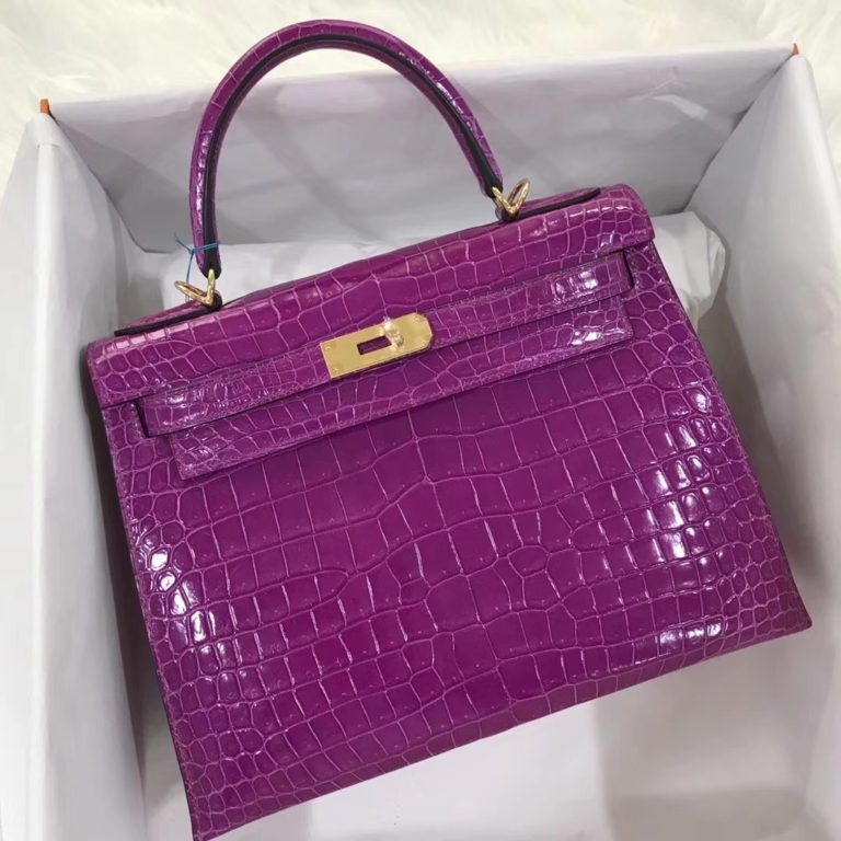 Hermes L3 Rose Purple Shiny Crocodile Leather Kelly 28CM Tote Bag
