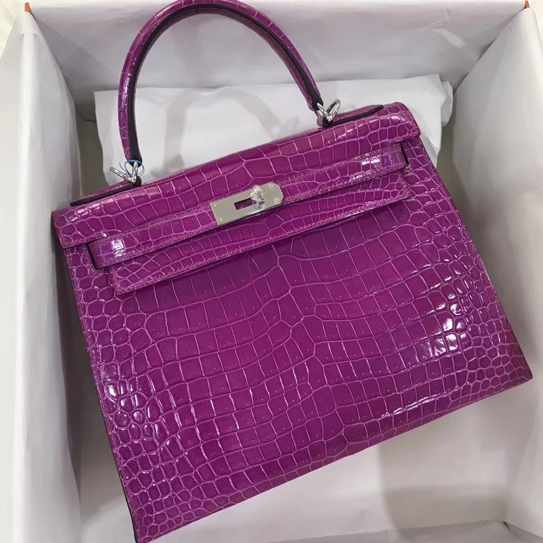 Sale Hermes L3 Rose Purple Shiny Crocodile Leather Kelly28CM Tote Bag