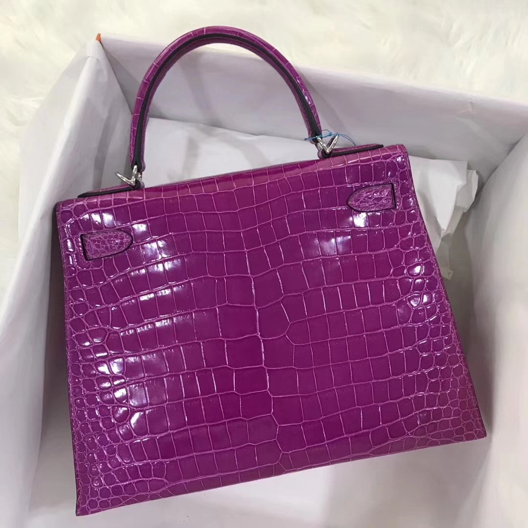 Sale Hermes L3 Rose Purple Shiny Crocodile Leather Kelly28CM Tote Bag