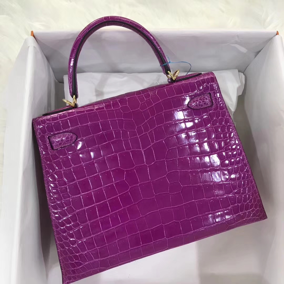 Sale Hermes L3 Rose Purple Shiny Crocodile Leather Kelly28CM Tote Bag