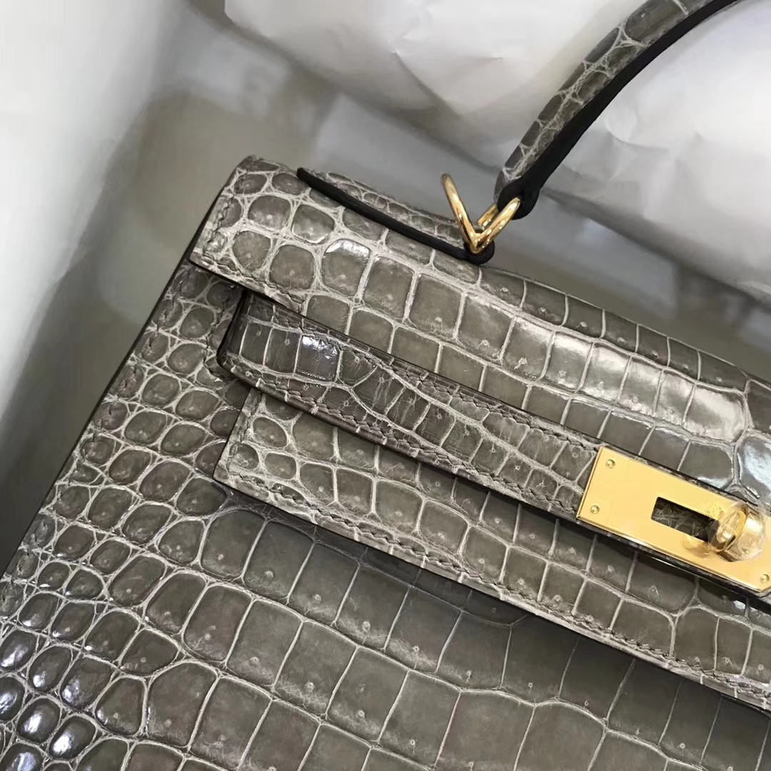 Wholesale Hermes C81 Gris Tourterelle Crocodile Leather Kelly28CM Bag Gold Hardware