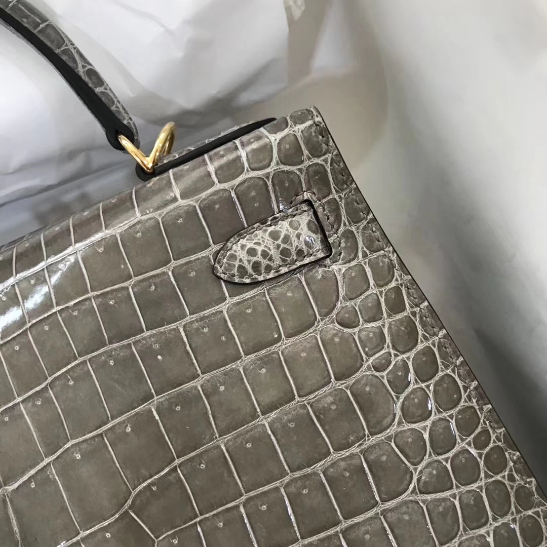 Wholesale Hermes C81 Gris Tourterelle Crocodile Leather Kelly28CM Bag Gold Hardware
