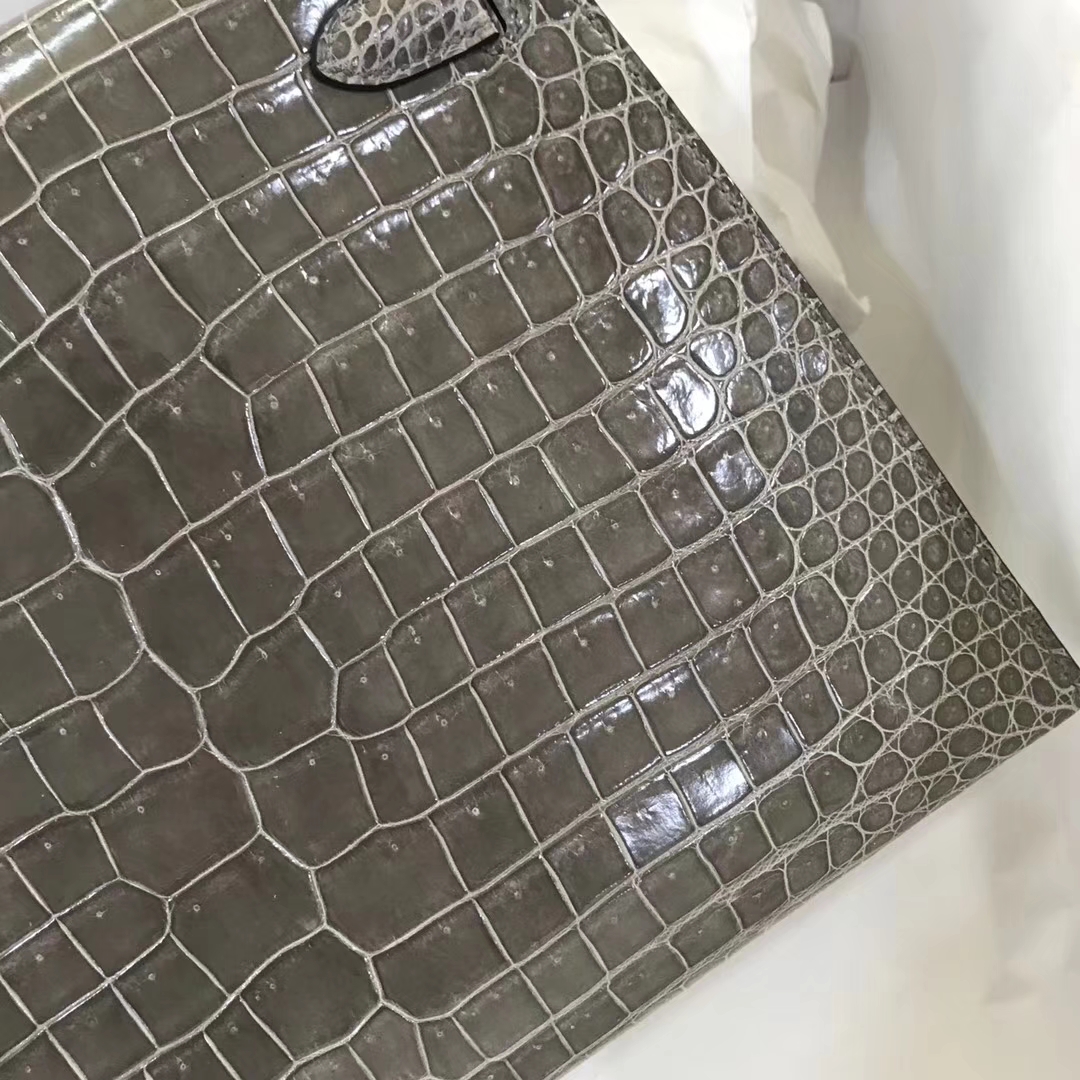 Noble Hermes Shiny Crocodile Kelly Bag28CM in C81 Gris Tourterelle Silver Hardware