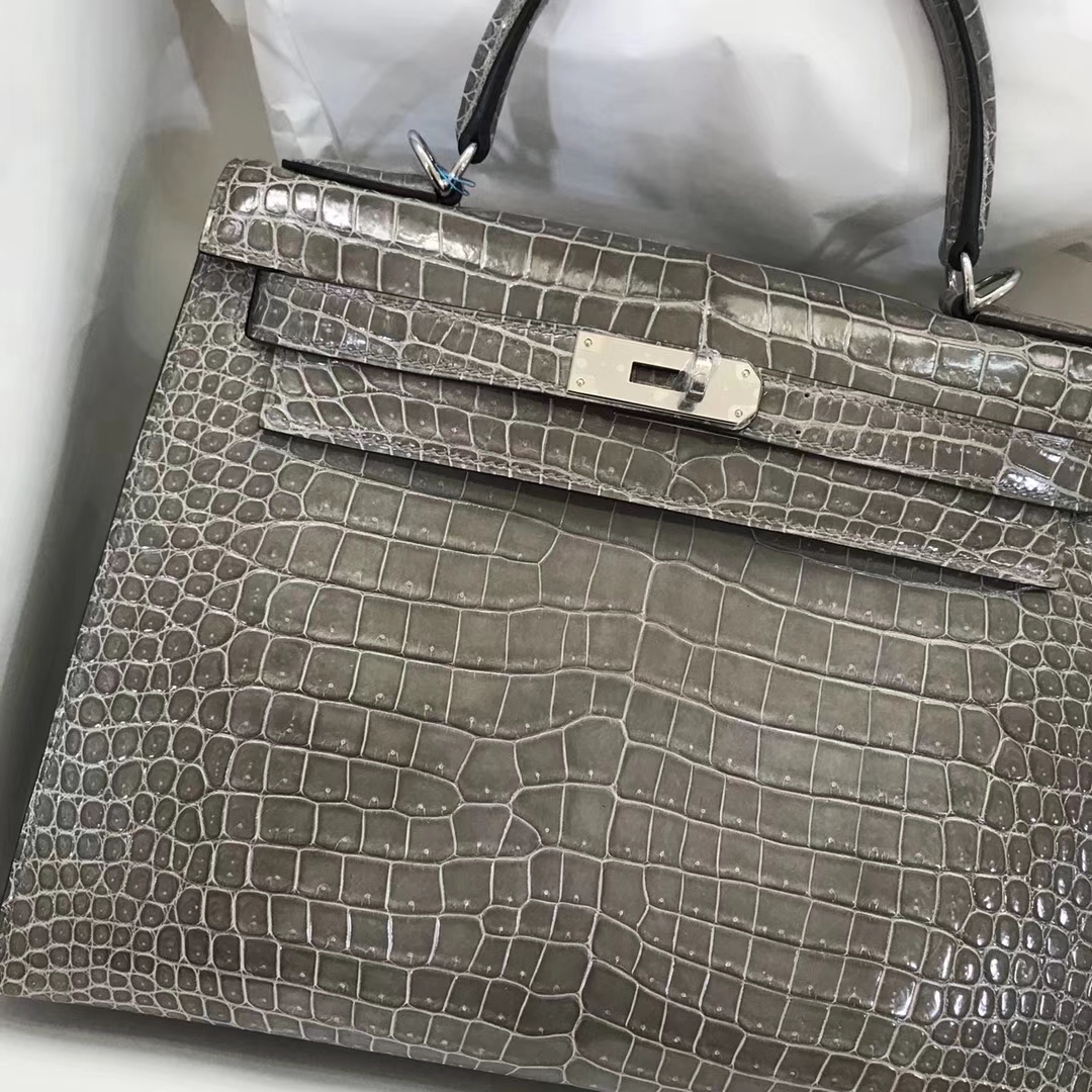 Noble Hermes Shiny Crocodile Kelly Bag28CM in C81 Gris Tourterelle Silver Hardware
