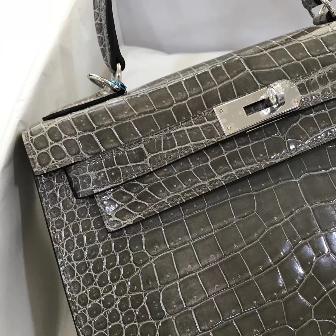 Noble Hermes Shiny Crocodile Kelly Bag28CM in C81 Gris Tourterelle Silver Hardware