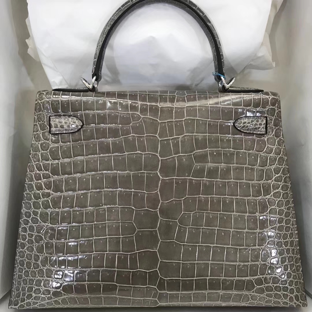 Noble Hermes Shiny Crocodile Kelly Bag28CM in C81 Gris Tourterelle Silver Hardware