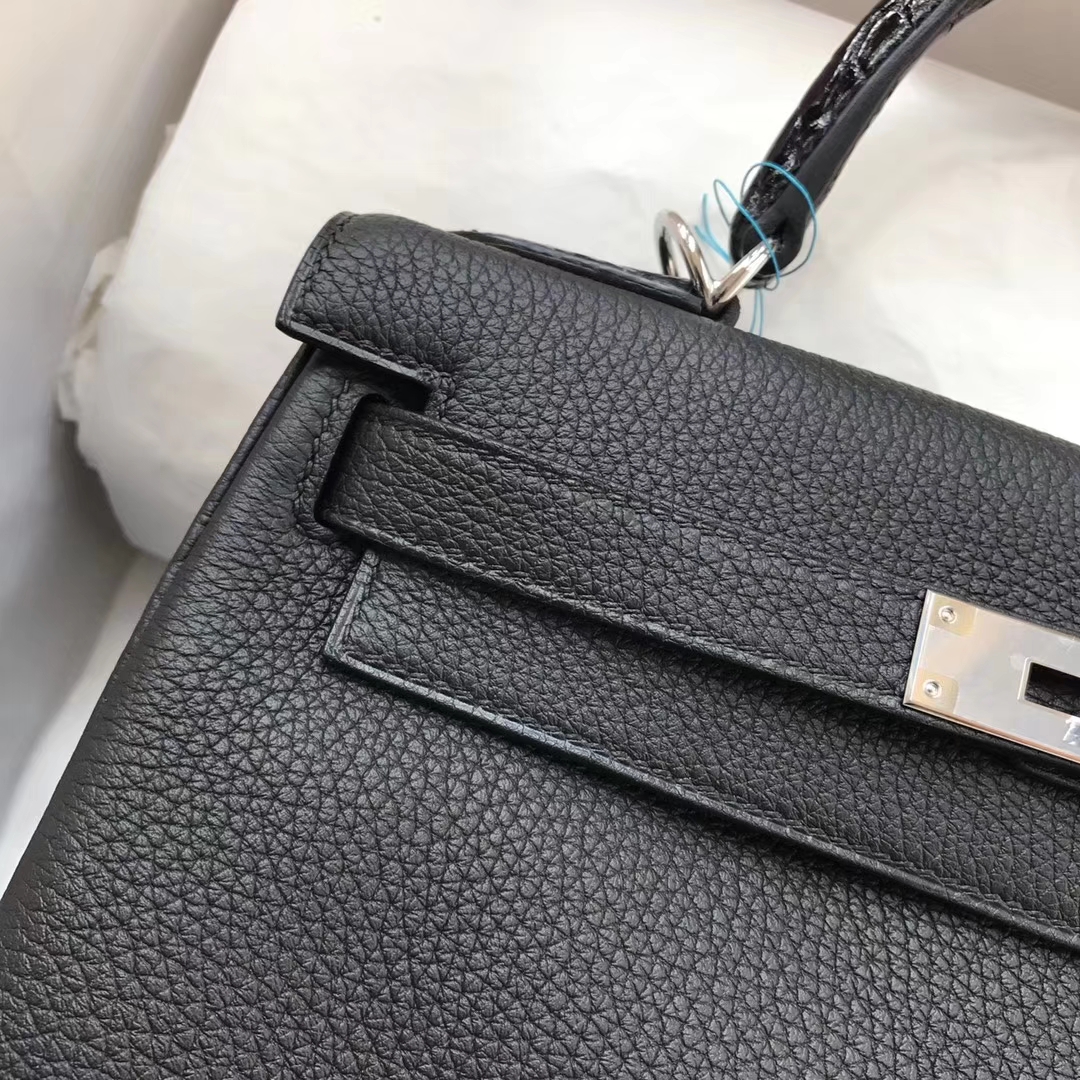 Elegant Hermes Togo Calfskin Kelly28CM Bag Crocodile Leather Tote Silver Hardware