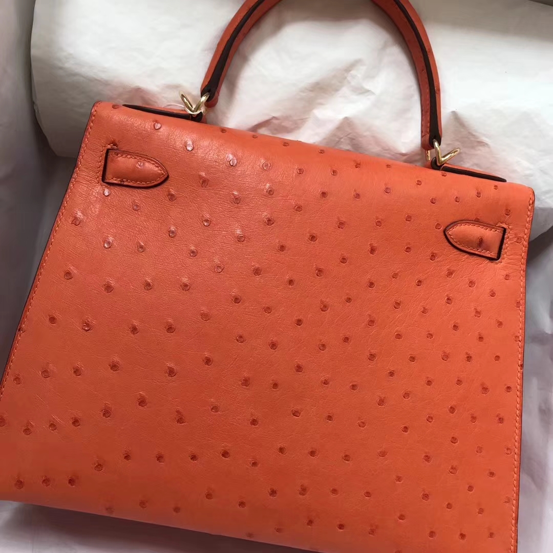 Pretty Hermes 93 Orange Ostrich Leather Kelly Bag28cm Gold Hardware