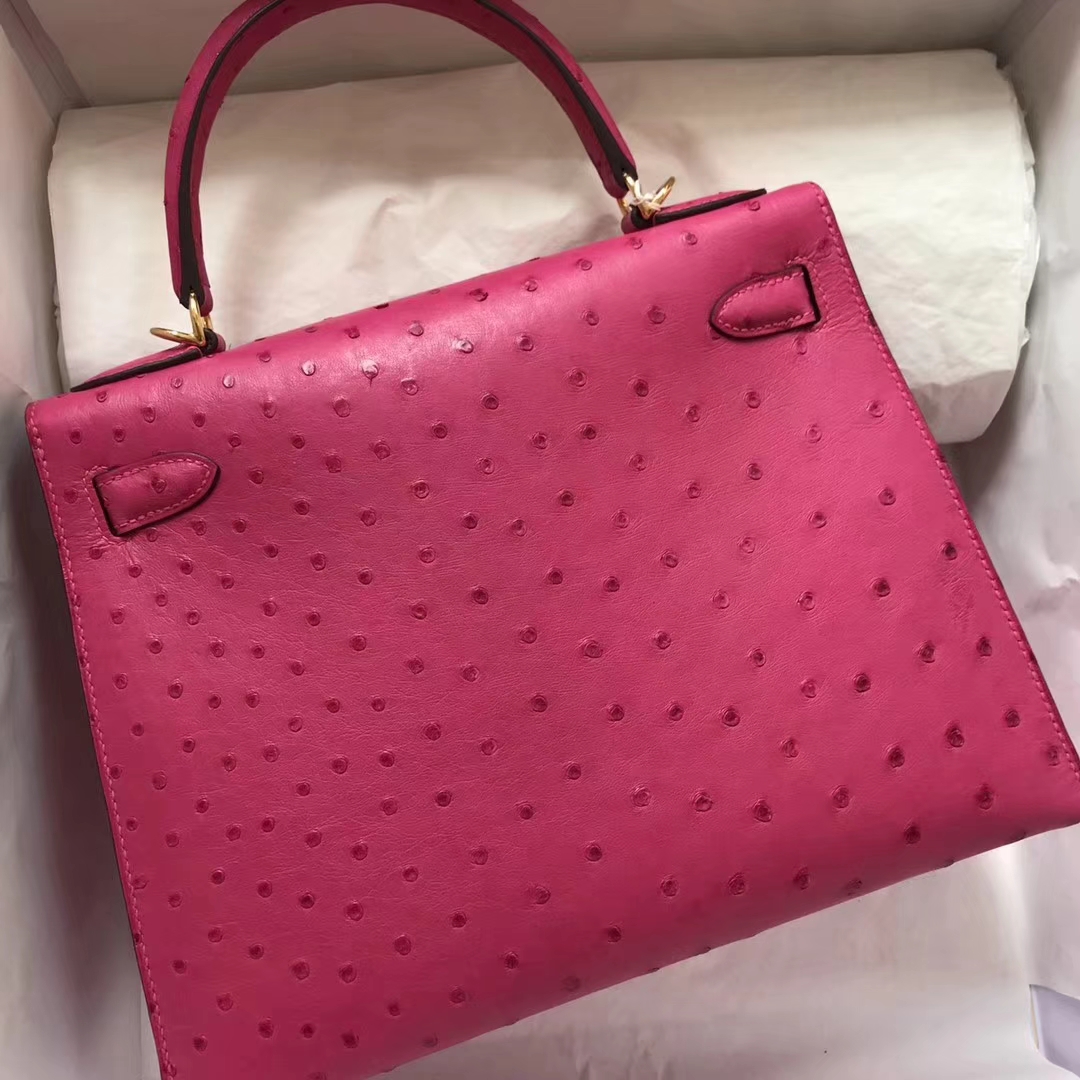 Fashion Hermes Ostrich Leather Kelly28CM Bag in J5 Hot Pink Gold Hardware