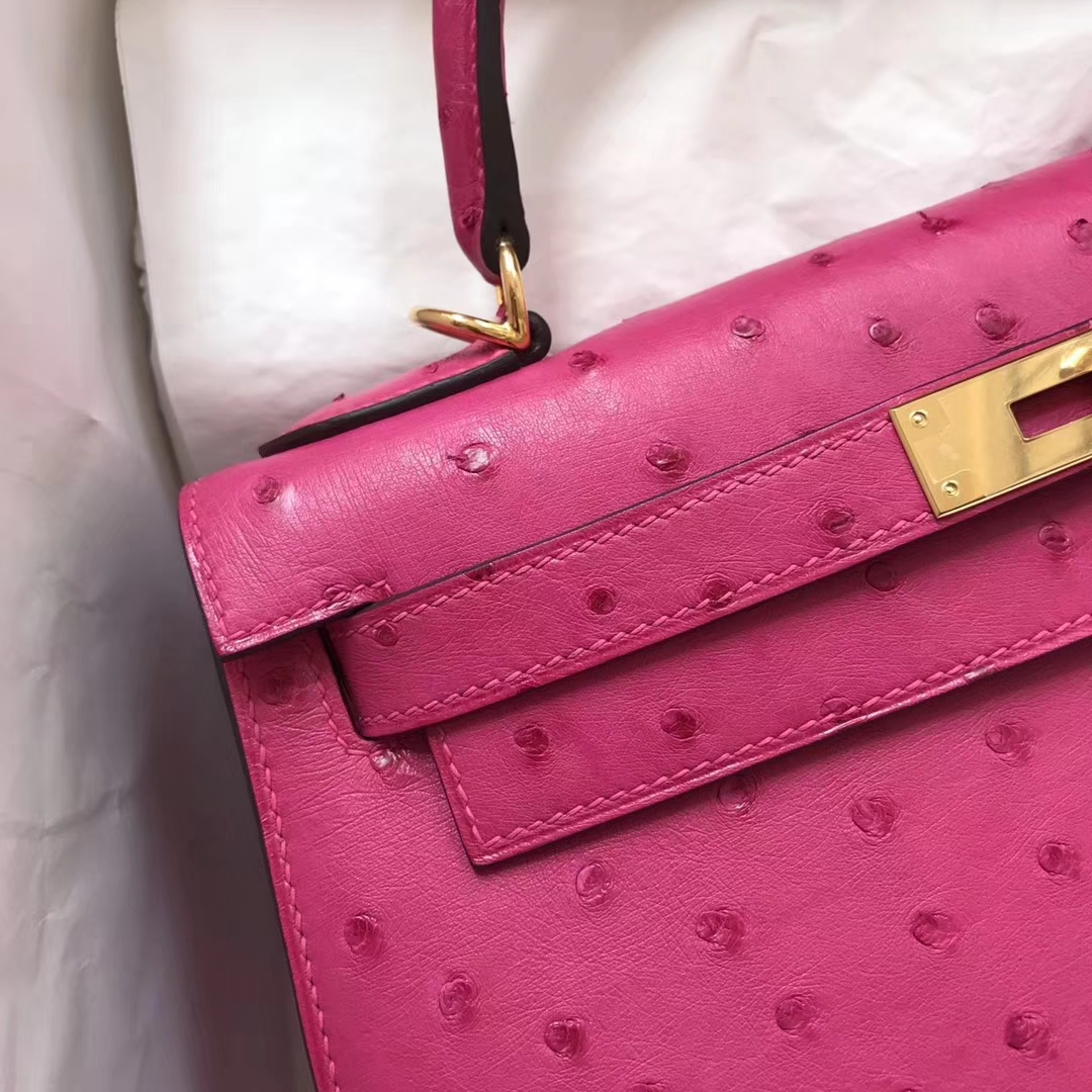 Fashion Hermes Ostrich Leather Kelly28CM Bag in J5 Hot Pink Gold Hardware
