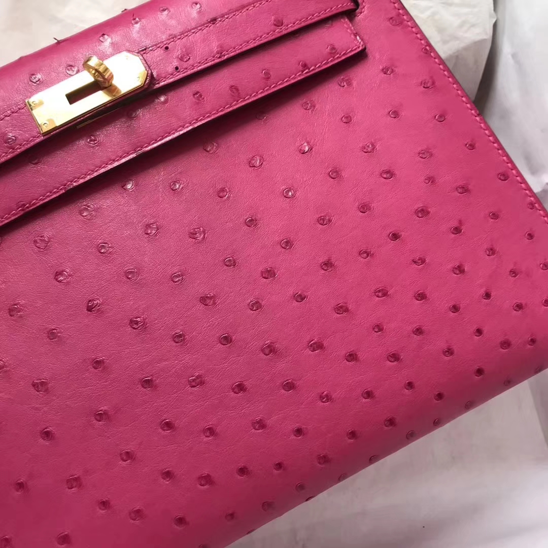 Fashion Hermes Ostrich Leather Kelly28CM Bag in J5 Hot Pink Gold Hardware