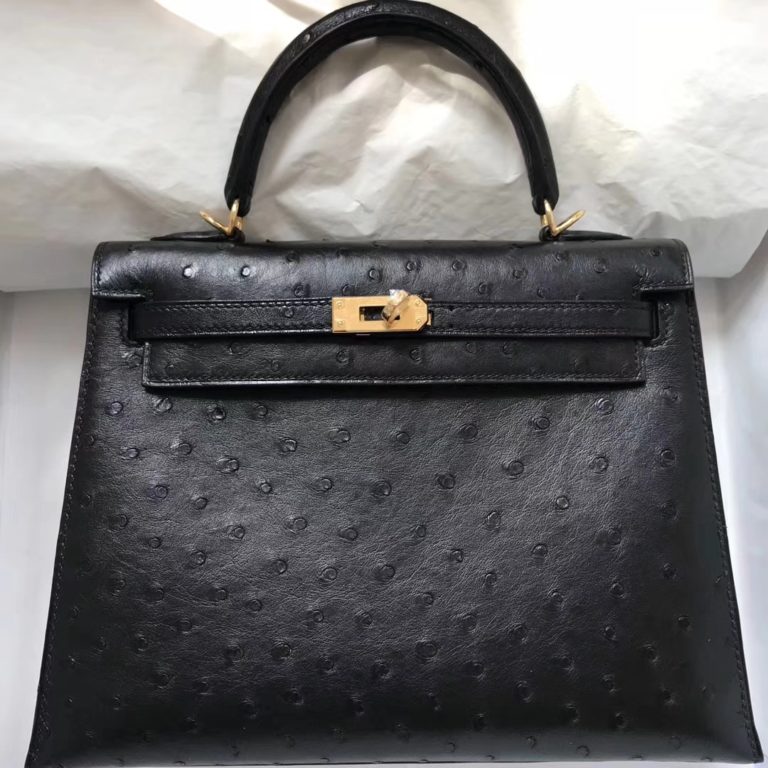 Hermes CK89 Black Ostrich Leather Kelly 28CM Handbag Gold Hardware