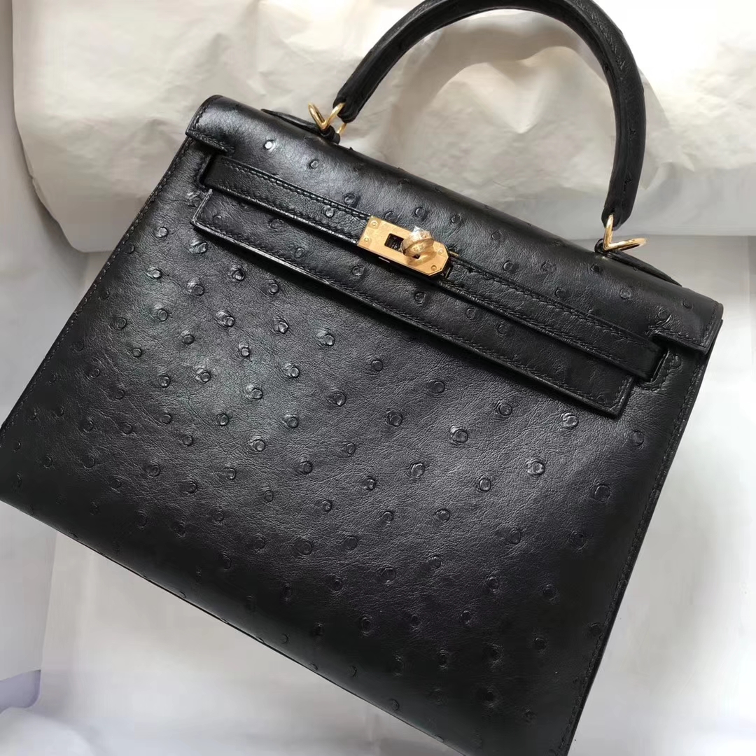 Discount Hermes CK89 Black Ostrich Leather Kelly28CM Handbag Gold Hardware