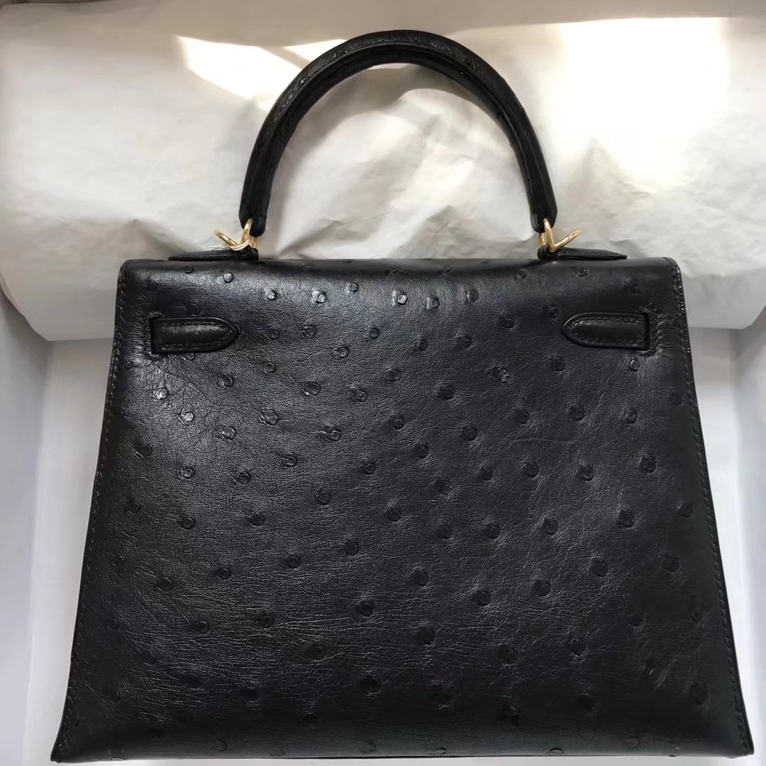 Discount Hermes CK89 Black Ostrich Leather Kelly28CM Handbag Gold Hardware