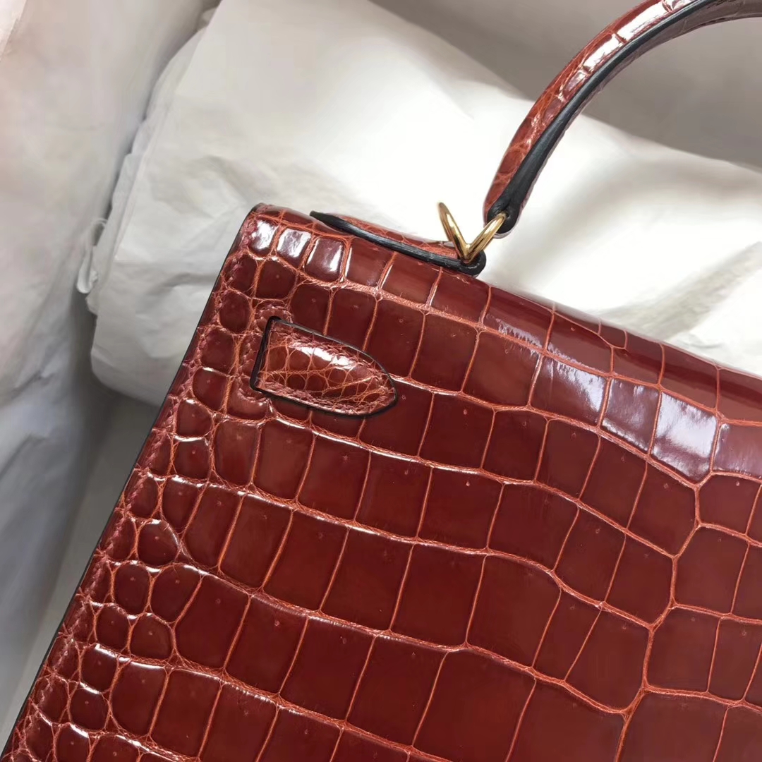 Luxury Hermes Shiny Crocodile Leather Kelly28CM Bag in CK31 Miel Brown